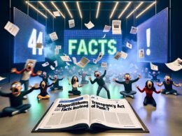 Satirische Szene eines modernen Zeitungsbüros mit Transparentgesetz-Magazin, blinkenden Social-Media-Icons, panisch dargestellten digitalen Avataren und LED-Anzeigen zu Fakten, Mythen und Blackbox-Begriffen.