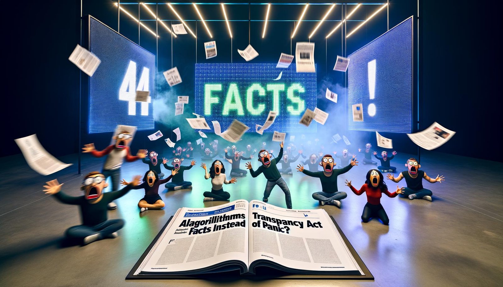 Satirische Szene eines modernen Zeitungsbüros mit Transparentgesetz-Magazin, blinkenden Social-Media-Icons, panisch dargestellten digitalen Avataren und LED-Anzeigen zu Fakten, Mythen und Blackbox-Begriffen.