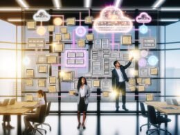 Modernes Büro mit vielfältigem Team, das an digitalen Wandtafeln und großformatigen Displays arbeitet; leuchtende Linien symbolisieren API-Verbindungen zu Web, App, Voice und IoT.