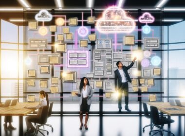 Modernes Büro mit vielfältigem Team, das an digitalen Wandtafeln und großformatigen Displays arbeitet; leuchtende Linien symbolisieren API-Verbindungen zu Web, App, Voice und IoT.