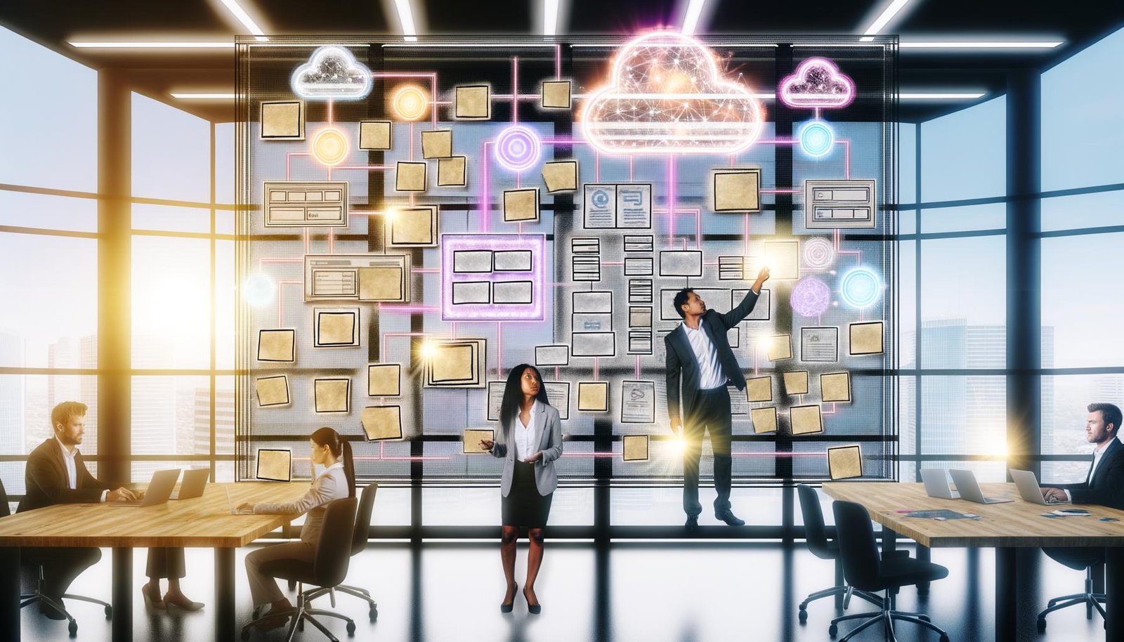 Modernes Büro mit vielfältigem Team, das an digitalen Wandtafeln und großformatigen Displays arbeitet; leuchtende Linien symbolisieren API-Verbindungen zu Web, App, Voice und IoT.