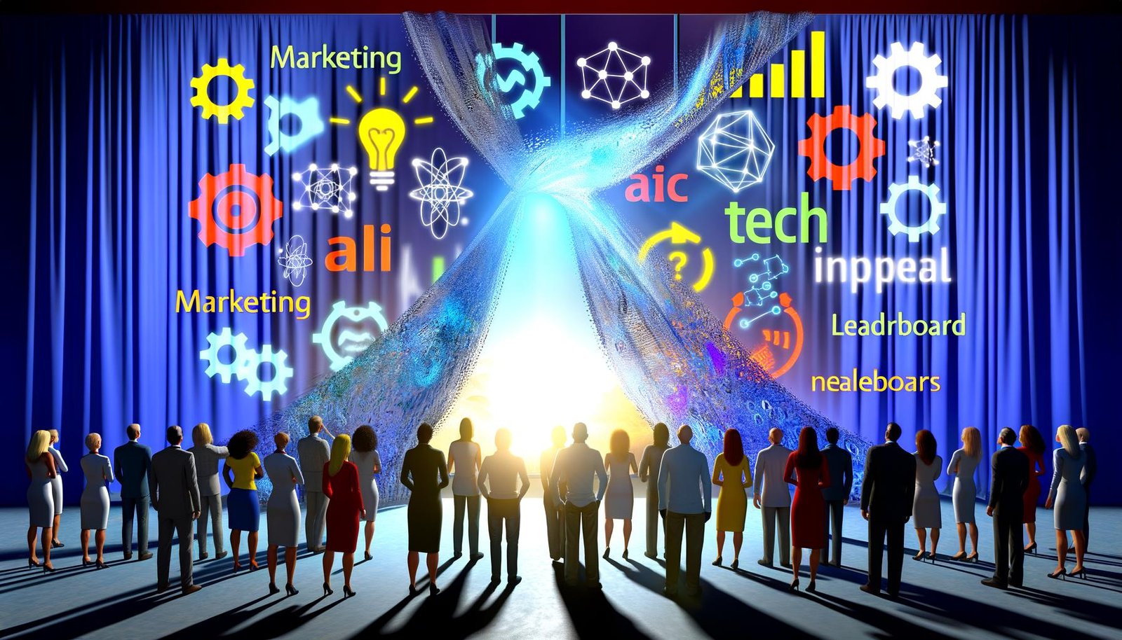 Metaphorische Illustration eines zerrissenen gläsernen Vorhangs, der Datenströme und Algorithmus-Icons enthüllt, vor denen Menschen aus Marketing, Technik und Recht stehen.