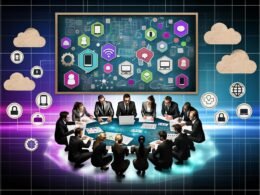 Illustration eines modernen Teams aus IT-Profis, Projektleitern und Marketing-Experten an einem digitalen Tisch in einem futuristischen Büro mit technischen Symbolen.