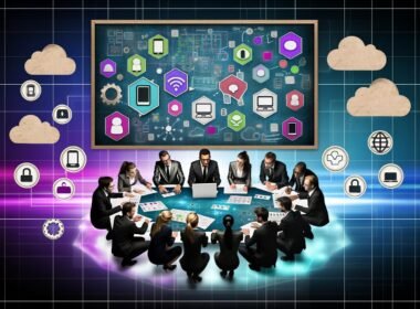 Illustration eines modernen Teams aus IT-Profis, Projektleitern und Marketing-Experten an einem digitalen Tisch in einem futuristischen Büro mit technischen Symbolen.