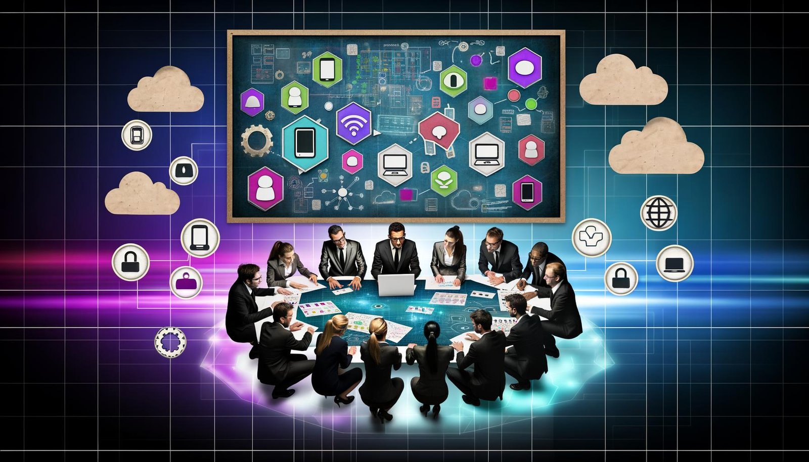 Illustration eines modernen Teams aus IT-Profis, Projektleitern und Marketing-Experten an einem digitalen Tisch in einem futuristischen Büro mit technischen Symbolen.