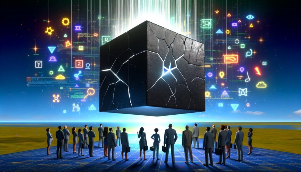 Digitale Illustration eines aufbrechenden Würfels mit der Aufschrift ‚ALGORITHMUS‘, aus dem leuchtende Datenströme, Code, Diagramme sowie Symbole für Google, Meta, TikTok und Instagram strömen, beobachtet von einer vielfältigen Gruppe Geschäftsleute vor futuristischer Skyline.