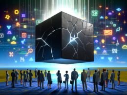 Digitale Illustration eines aufbrechenden Würfels mit der Aufschrift ‚ALGORITHMUS‘, aus dem leuchtende Datenströme, Code, Diagramme sowie Symbole für Google, Meta, TikTok und Instagram strömen, beobachtet von einer vielfältigen Gruppe Geschäftsleute vor futuristischer Skyline.