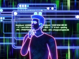 Illustration eines nachdenklichen Users vor mehreren offenen Browser-Tabs mit technischen Notebook-Suchanfragen in einer farbenfrohen, urbanen Digitalwelt.