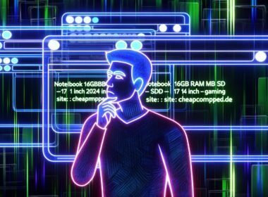 Illustration eines nachdenklichen Users vor mehreren offenen Browser-Tabs mit technischen Notebook-Suchanfragen in einer farbenfrohen, urbanen Digitalwelt.