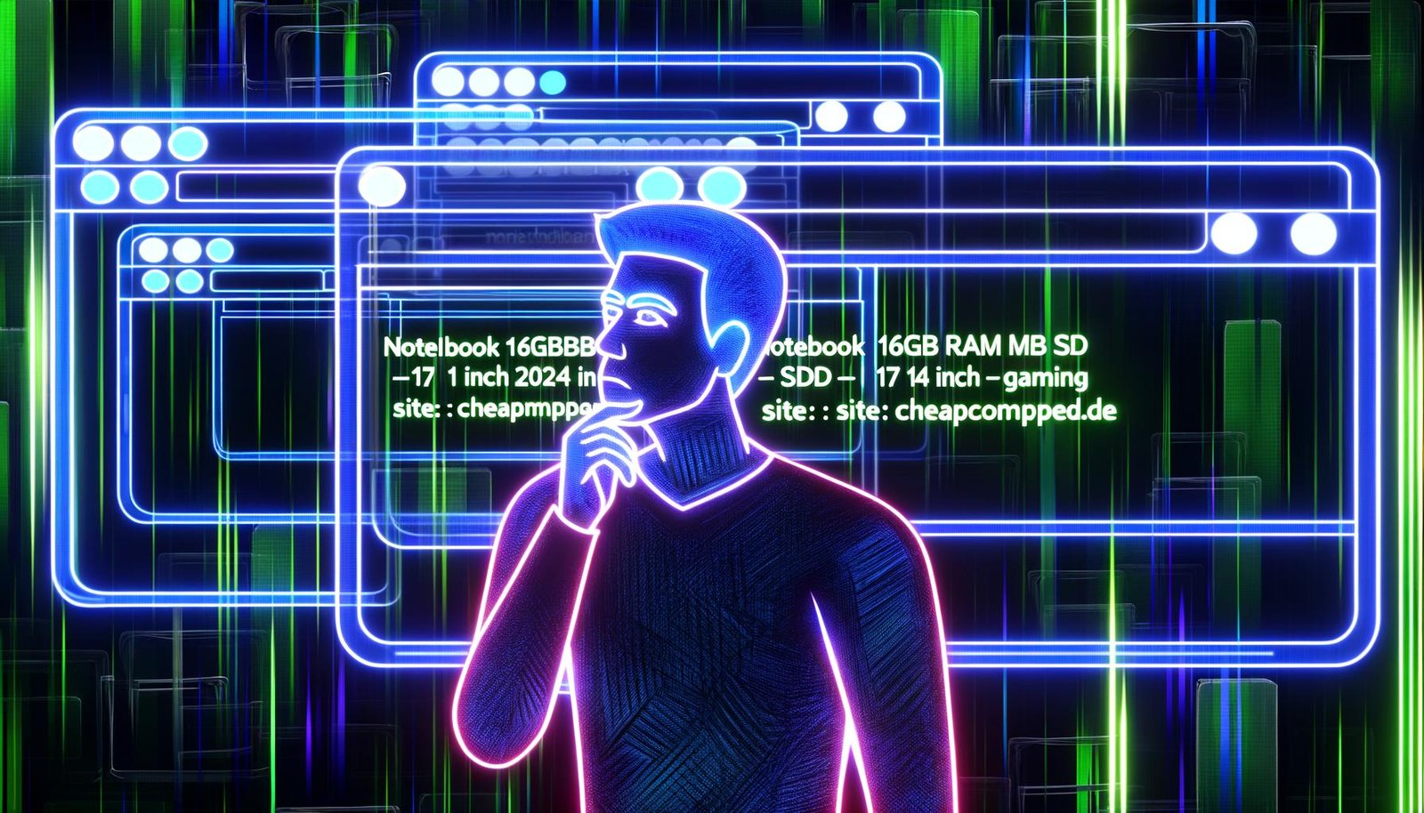 Illustration eines nachdenklichen Users vor mehreren offenen Browser-Tabs mit technischen Notebook-Suchanfragen in einer farbenfrohen, urbanen Digitalwelt.