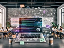 Marketing-Office im Loft-Stil mit Team an einem großen Notebook, digitale Datenströme, Post-its und Whiteboards voller Ideen.