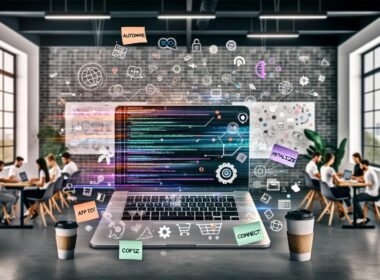 Marketing-Office im Loft-Stil mit Team an einem großen Notebook, digitale Datenströme, Post-its und Whiteboards voller Ideen.