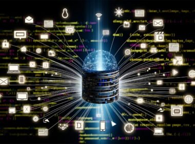 Abstrakte Visualisierung eines digitalen Headless CMS als zentraler Knotenpunkt mit Datenströmen zu verschiedenen digitalen Endpunkten und Symbolen für Performance, Sicherheit und Skalierbarkeit.