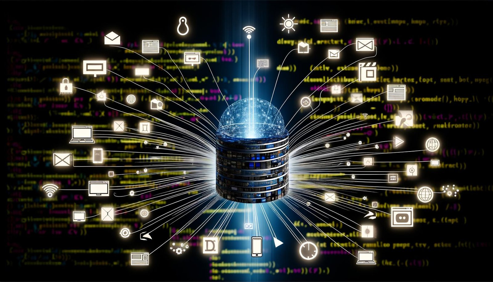 Abstrakte Visualisierung eines digitalen Headless CMS als zentraler Knotenpunkt mit Datenströmen zu verschiedenen digitalen Endpunkten und Symbolen für Performance, Sicherheit und Skalierbarkeit.