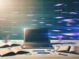 Futuristisch beleuchteter Arbeitsplatz mit Notebook, Notizblöcken, Stiften und SEO-Tools, umgeben von Symbolen für Datenstrukturen, Schema, HTML und Geschwindigkeit.