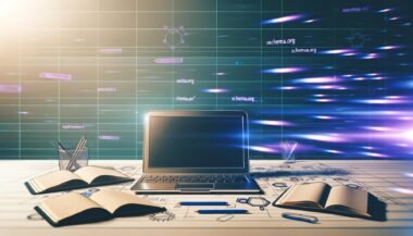 Futuristisch beleuchteter Arbeitsplatz mit Notebook, Notizblöcken, Stiften und SEO-Tools, umgeben von Symbolen für Datenstrukturen, Schema, HTML und Geschwindigkeit.