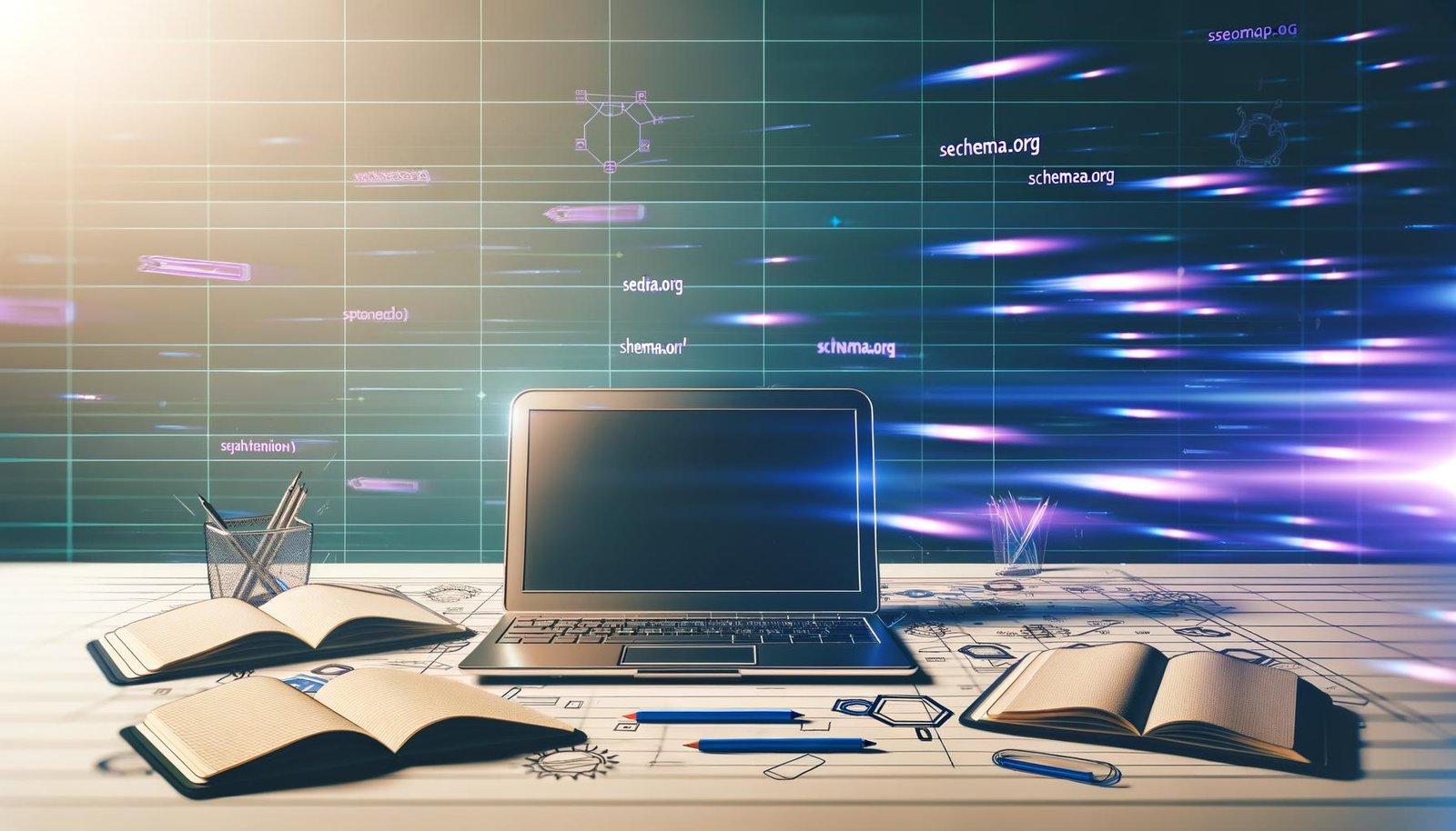 Futuristisch beleuchteter Arbeitsplatz mit Notebook, Notizblöcken, Stiften und SEO-Tools, umgeben von Symbolen für Datenstrukturen, Schema, HTML und Geschwindigkeit.