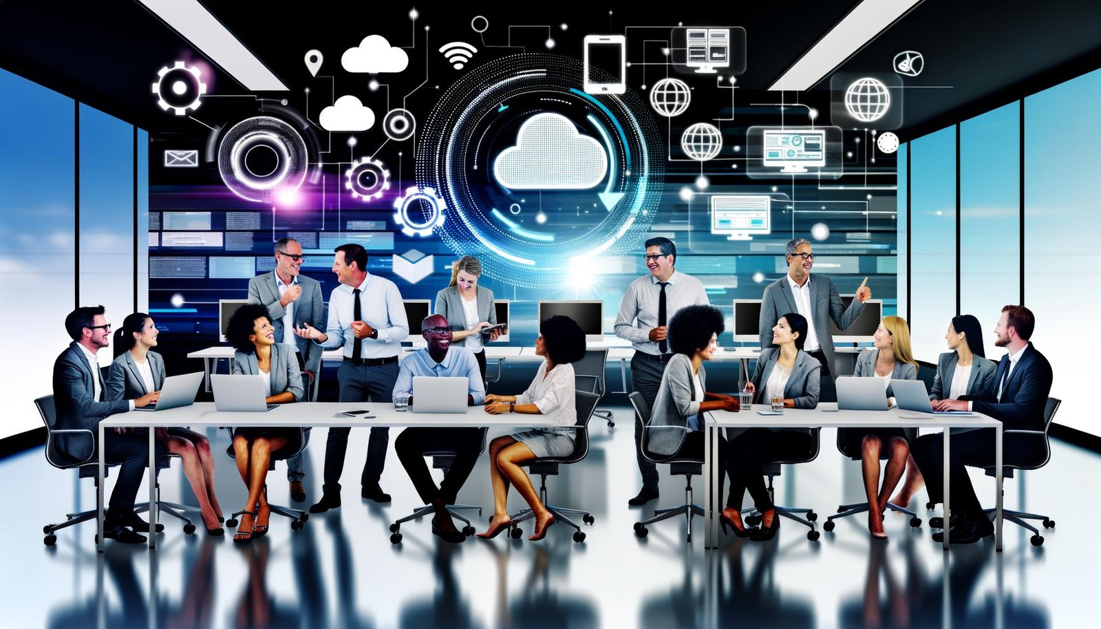 Digitales Marketingteam arbeitet fokussiert an Schreibtischen mit modernen Geräten und visualisierten Content-Management-Tools in einem Hightech-Büro.