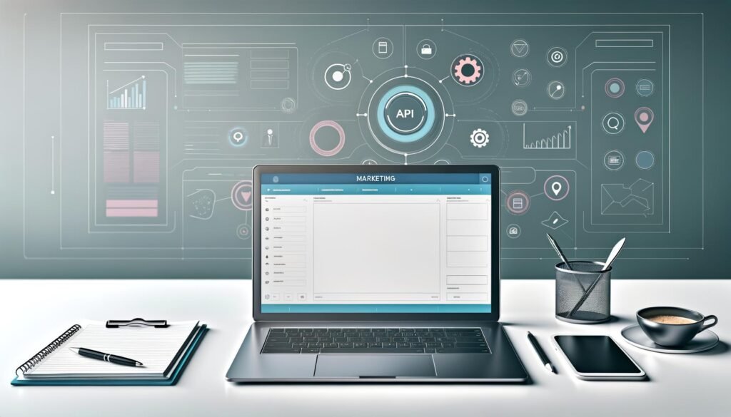 Minimalistischer Arbeitsplatz mit offenem Notebook, auf dem eine professionelle Marketing-Template-Oberfläche zu sehen ist. Umgeben von digitalen Endgeräten in moderner, ordentlicher Umgebung, mit Symbolen für Technik und Datenanalyse im Hintergrund.