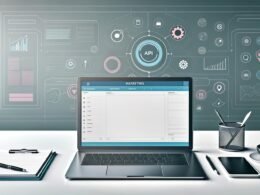 Minimalistischer Arbeitsplatz mit offenem Notebook, auf dem eine professionelle Marketing-Template-Oberfläche zu sehen ist. Umgeben von digitalen Endgeräten in moderner, ordentlicher Umgebung, mit Symbolen für Technik und Datenanalyse im Hintergrund.