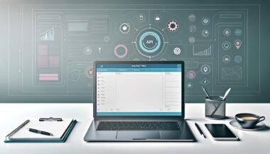 Minimalistischer Arbeitsplatz mit offenem Notebook, auf dem eine professionelle Marketing-Template-Oberfläche zu sehen ist. Umgeben von digitalen Endgeräten in moderner, ordentlicher Umgebung, mit Symbolen für Technik und Datenanalyse im Hintergrund.