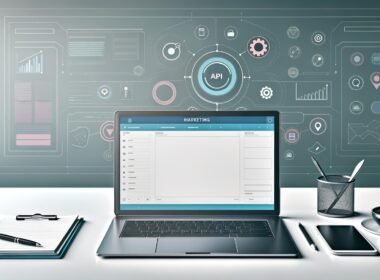 Minimalistischer Arbeitsplatz mit offenem Notebook, auf dem eine professionelle Marketing-Template-Oberfläche zu sehen ist. Umgeben von digitalen Endgeräten in moderner, ordentlicher Umgebung, mit Symbolen für Technik und Datenanalyse im Hintergrund.