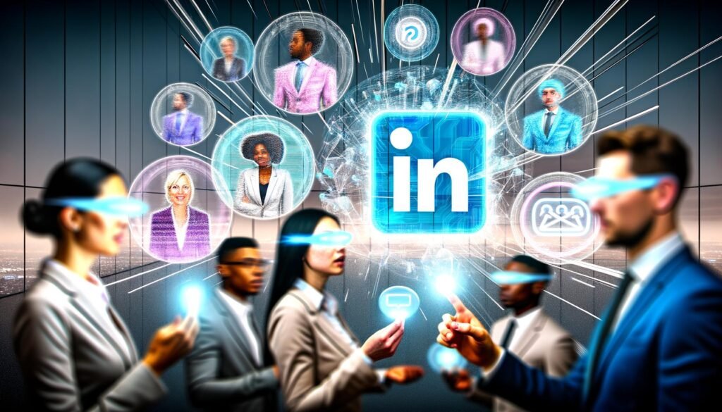 Futuristisches Magazincover mit sich verwandelndem LinkedIn-Logo in ein holografisches AR-Interface, über einem modernen Büro, interagierende Geschäftsleute, hyperrealistischer Stil.