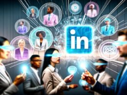 Futuristisches Magazincover mit sich verwandelndem LinkedIn-Logo in ein holografisches AR-Interface, über einem modernen Büro, interagierende Geschäftsleute, hyperrealistischer Stil.