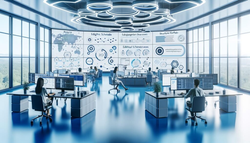 Digitaler Workspace mit mehreren Monitoren, LinkedIn-Analysen, Redaktionskalendern, Keyword-Recherchetools und Automatisierungslösungen. Diverse Fachleute arbeiten gemeinsam und einzeln an modernen, technologiegestützten Content-Prozessen.