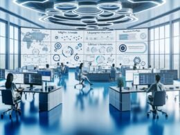 Digitaler Workspace mit mehreren Monitoren, LinkedIn-Analysen, Redaktionskalendern, Keyword-Recherchetools und Automatisierungslösungen. Diverse Fachleute arbeiten gemeinsam und einzeln an modernen, technologiegestützten Content-Prozessen.