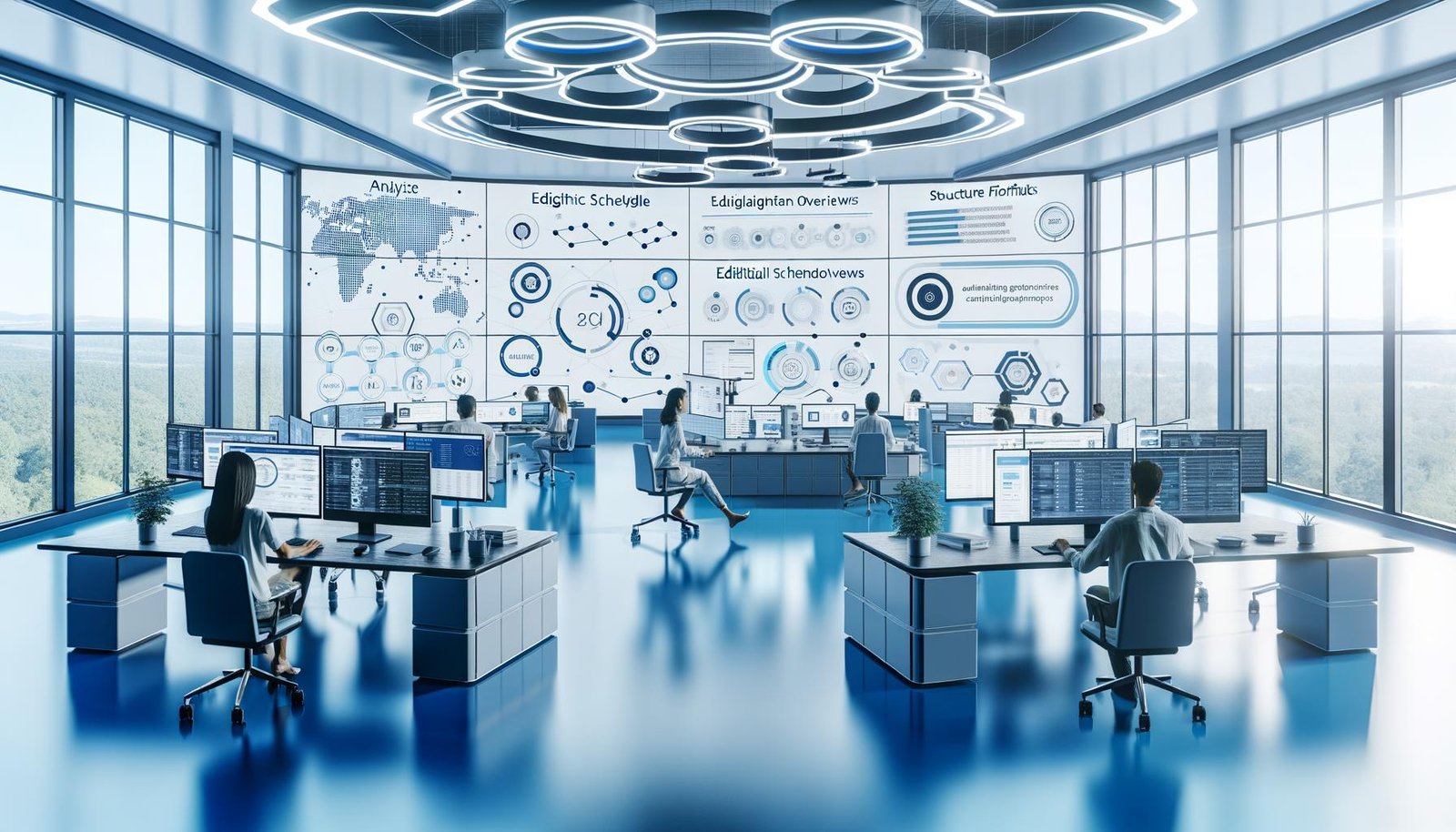 Digitaler Workspace mit mehreren Monitoren, LinkedIn-Analysen, Redaktionskalendern, Keyword-Recherchetools und Automatisierungslösungen. Diverse Fachleute arbeiten gemeinsam und einzeln an modernen, technologiegestützten Content-Prozessen.