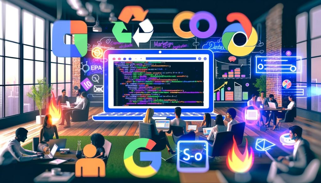 Collage mit Jupyter-Notebook-Interface, bunten Diagrammen und Marketing-Symbolen, umgeben von Marketing-Profis an Laptops in einem modernen Büro.