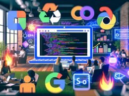 Collage mit Jupyter-Notebook-Interface, bunten Diagrammen und Marketing-Symbolen, umgeben von Marketing-Profis an Laptops in einem modernen Büro.