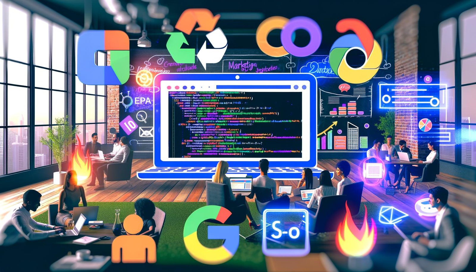Collage mit Jupyter-Notebook-Interface, bunten Diagrammen und Marketing-Symbolen, umgeben von Marketing-Profis an Laptops in einem modernen Büro.