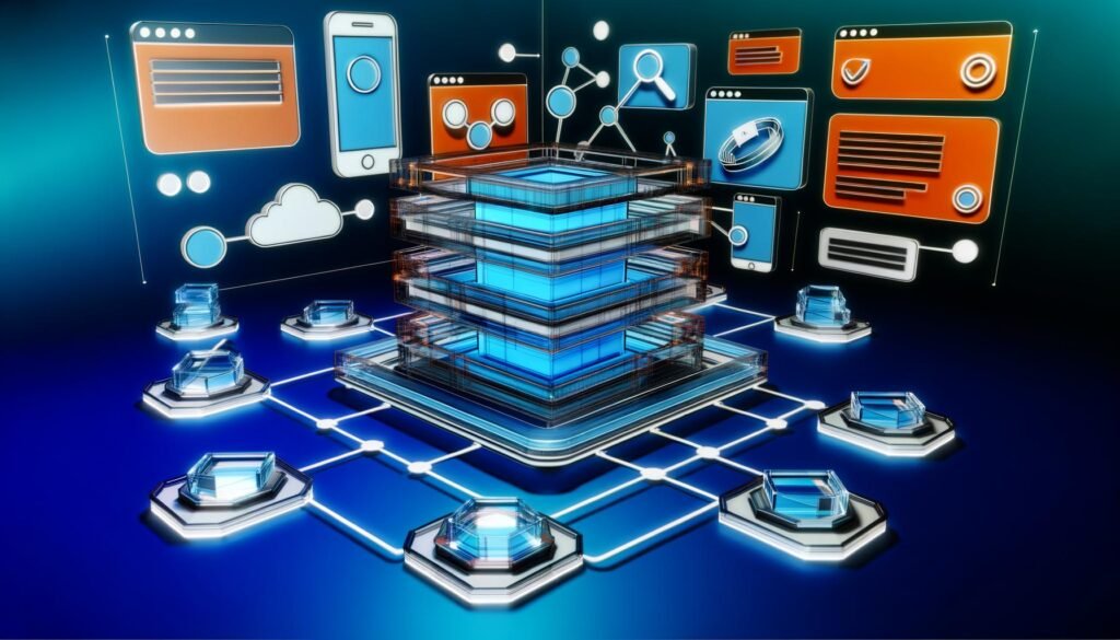 Dynamische Illustration einer modernen Content-Architektur mit Headless-CMS-Oberflächen, API-Symbolen, SEO-Metadaten und vernetzten digitalen Frontends wie App, Website und Smartwatch im futuristischen Blau-Orange-Look.