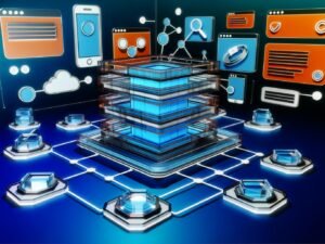 Dynamische Illustration einer modernen Content-Architektur mit Headless-CMS-Oberflächen, API-Symbolen, SEO-Metadaten und vernetzten digitalen Frontends wie App, Website und Smartwatch im futuristischen Blau-Orange-Look.