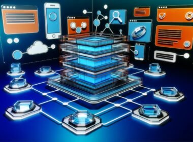 Dynamische Illustration einer modernen Content-Architektur mit Headless-CMS-Oberflächen, API-Symbolen, SEO-Metadaten und vernetzten digitalen Frontends wie App, Website und Smartwatch im futuristischen Blau-Orange-Look.