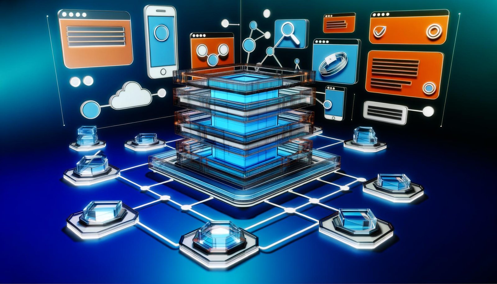 Dynamische Illustration einer modernen Content-Architektur mit Headless-CMS-Oberflächen, API-Symbolen, SEO-Metadaten und vernetzten digitalen Frontends wie App, Website und Smartwatch im futuristischen Blau-Orange-Look.