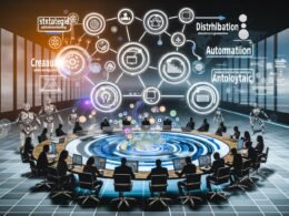 Futuristischer digitaler Arbeitsplatz mit Team, das an einer virtuellen Workflow-Oberfläche für LinkedIn Content Marketing arbeitet. Sichtbar sind Phasen wie Strategie, Kreation, Distribution, Automatisierung und Analytics sowie Tools wie Notion, ChatGPT und Analytics-Dashboards.