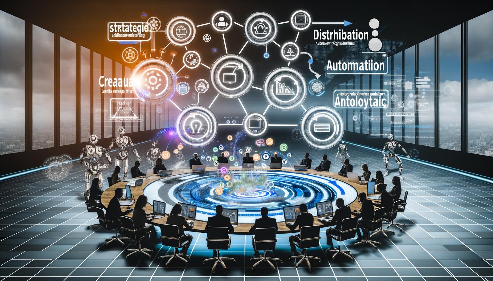 Futuristischer digitaler Arbeitsplatz mit Team, das an einer virtuellen Workflow-Oberfläche für LinkedIn Content Marketing arbeitet. Sichtbar sind Phasen wie Strategie, Kreation, Distribution, Automatisierung und Analytics sowie Tools wie Notion, ChatGPT und Analytics-Dashboards.