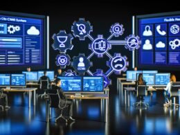 Moderne, futuristische Büroszene mit Menschen an Schreibtischen, die an großen digitalen Bildschirmen mit Diagrammen, API-Workflows und Headless CMS-System arbeiten. Umgebung mit KI-, Automatisierungs-, Security- und Cloud-Symbolen.