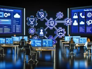 Moderne, futuristische Büroszene mit Menschen an Schreibtischen, die an großen digitalen Bildschirmen mit Diagrammen, API-Workflows und Headless CMS-System arbeiten. Umgebung mit KI-, Automatisierungs-, Security- und Cloud-Symbolen.