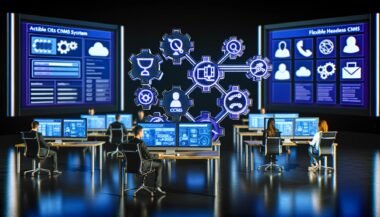 Moderne, futuristische Büroszene mit Menschen an Schreibtischen, die an großen digitalen Bildschirmen mit Diagrammen, API-Workflows und Headless CMS-System arbeiten. Umgebung mit KI-, Automatisierungs-, Security- und Cloud-Symbolen.