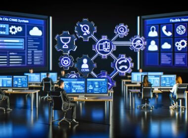 Moderne, futuristische Büroszene mit Menschen an Schreibtischen, die an großen digitalen Bildschirmen mit Diagrammen, API-Workflows und Headless CMS-System arbeiten. Umgebung mit KI-, Automatisierungs-, Security- und Cloud-Symbolen.