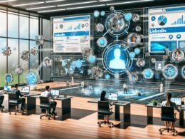 Dynamische, hochmoderne Marketing-Büroszene mit Marketers an Laptops, übergroßen Monitoren mit Analytics und einem digitalen Whiteboard voller Content- und Workflow-Schemata. Holografische KI- und Automatisierungs-Icons schweben über modernen Arbeitsplätzen.