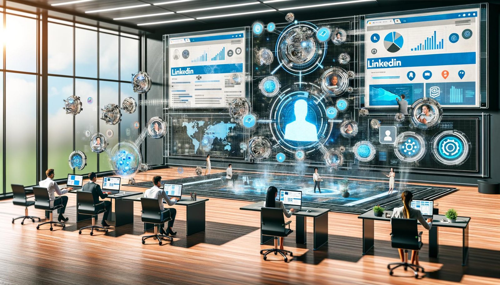 Dynamische, hochmoderne Marketing-Büroszene mit Marketers an Laptops, übergroßen Monitoren mit Analytics und einem digitalen Whiteboard voller Content- und Workflow-Schemata. Holografische KI- und Automatisierungs-Icons schweben über modernen Arbeitsplätzen.