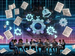 Modernes digitales Büro mit gestressten Experten, leuchtenden Laptop-Bildschirmen voller Code und Compliance-Checklisten, sowie einem halbzerknüllten Dokument 'Algorithmen Transparenzgesetz' und algorithmischen Symbolen im Hintergrund.