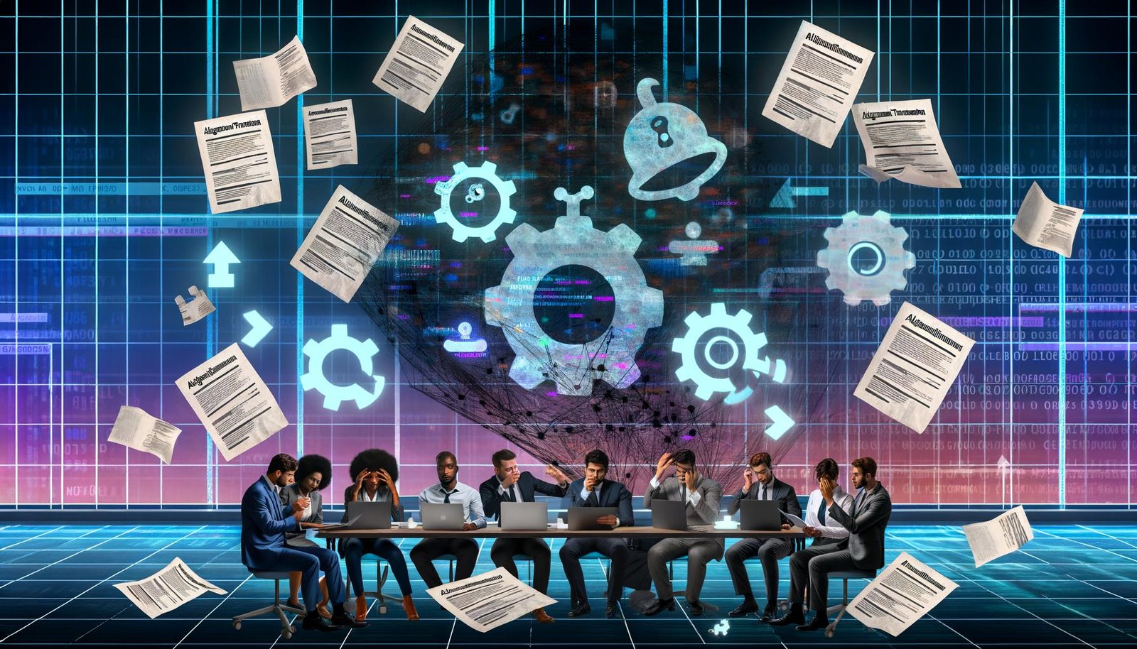 Modernes digitales Büro mit gestressten Experten, leuchtenden Laptop-Bildschirmen voller Code und Compliance-Checklisten, sowie einem halbzerknüllten Dokument 'Algorithmen Transparenzgesetz' und algorithmischen Symbolen im Hintergrund.