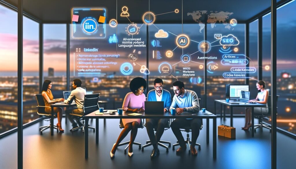 Vielfältiges Team arbeitet abends in einem High-Tech-Büro mit Laptops, großen Monitoren mit LinkedIn-Analytics, KI-Dashboards und Automatisierungstools, umgeben von Cloud- und KI-Symbolen.