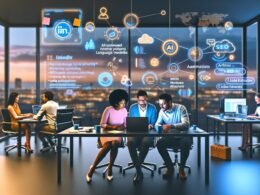 Vielfältiges Team arbeitet abends in einem High-Tech-Büro mit Laptops, großen Monitoren mit LinkedIn-Analytics, KI-Dashboards und Automatisierungstools, umgeben von Cloud- und KI-Symbolen.